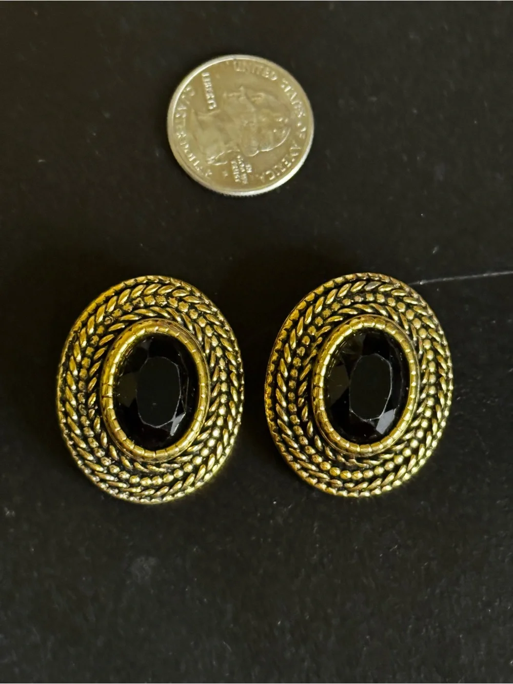 Gold-Tone Oval Black Stone Clip-On Earrings